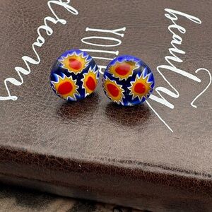 Vintage Millefiori Glass Stud Earrings Blue Red Mosaic